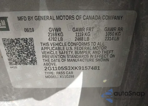 2019 Chevrolet Impala Premier from USA, damaged, VIN 2G1105S3XK9157481